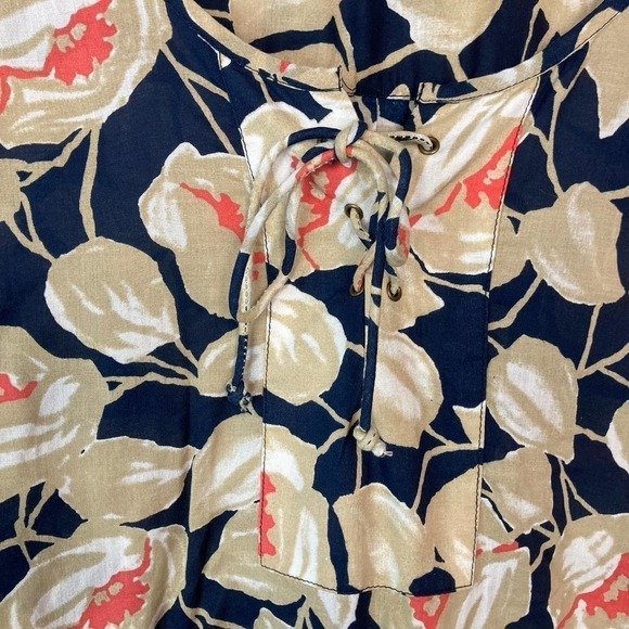 Lucky Brand Floral Vine Lace Up Neckline Peasant Blouse Navy Blue Tan Size M - Picture 14 of 16